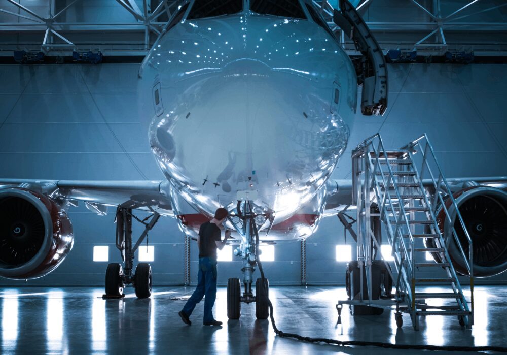Technician inspecting aircraft in hangar.
