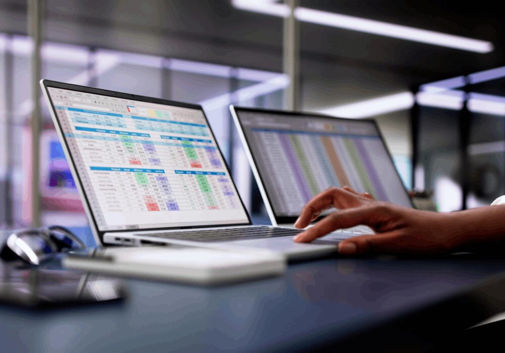 Person working on spreadsheets with laptops.